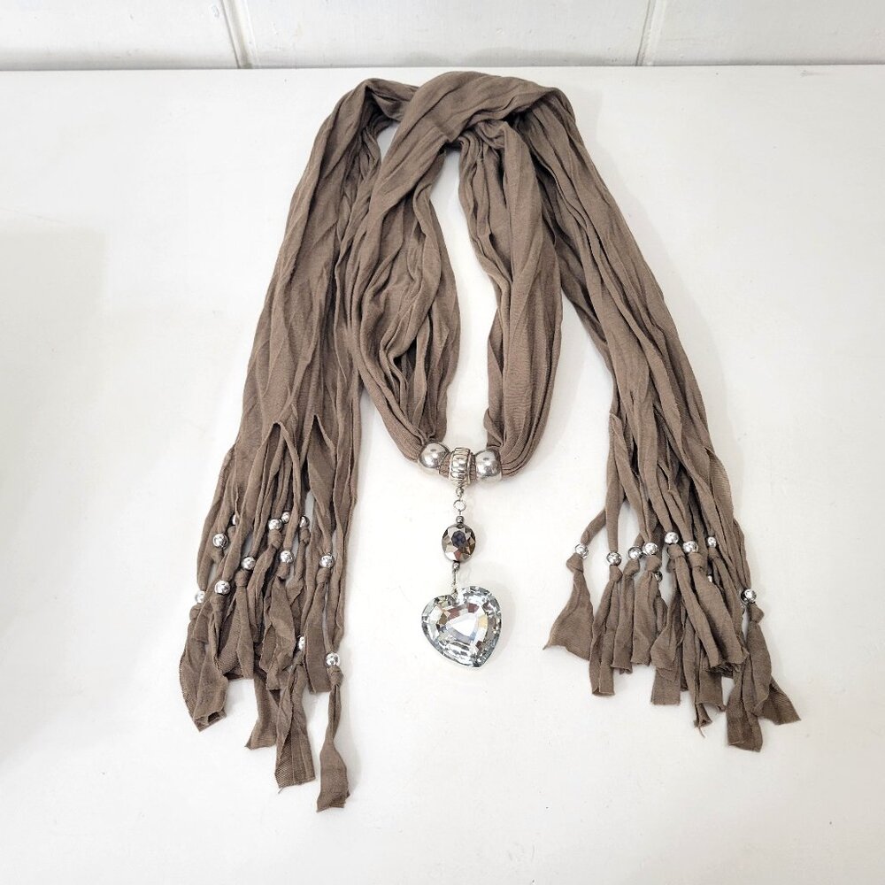Tan Jersey Jewelry Scarf with Crystal Heart Pendant - Picture 5 of 6